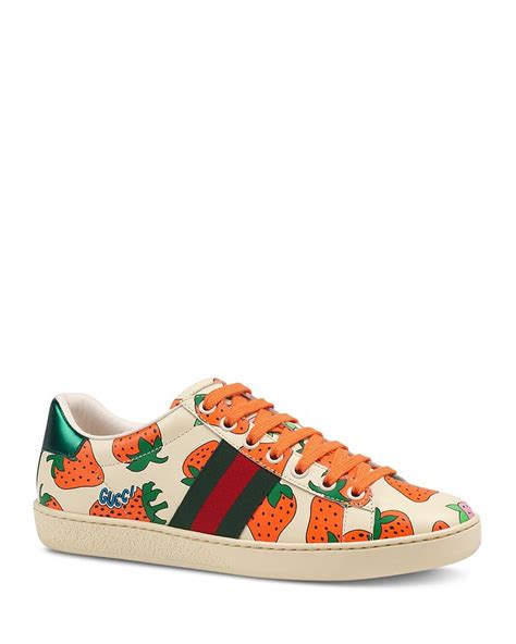 ace leather sneaker with gucci strawberry print|gucci ace tennis shoes.